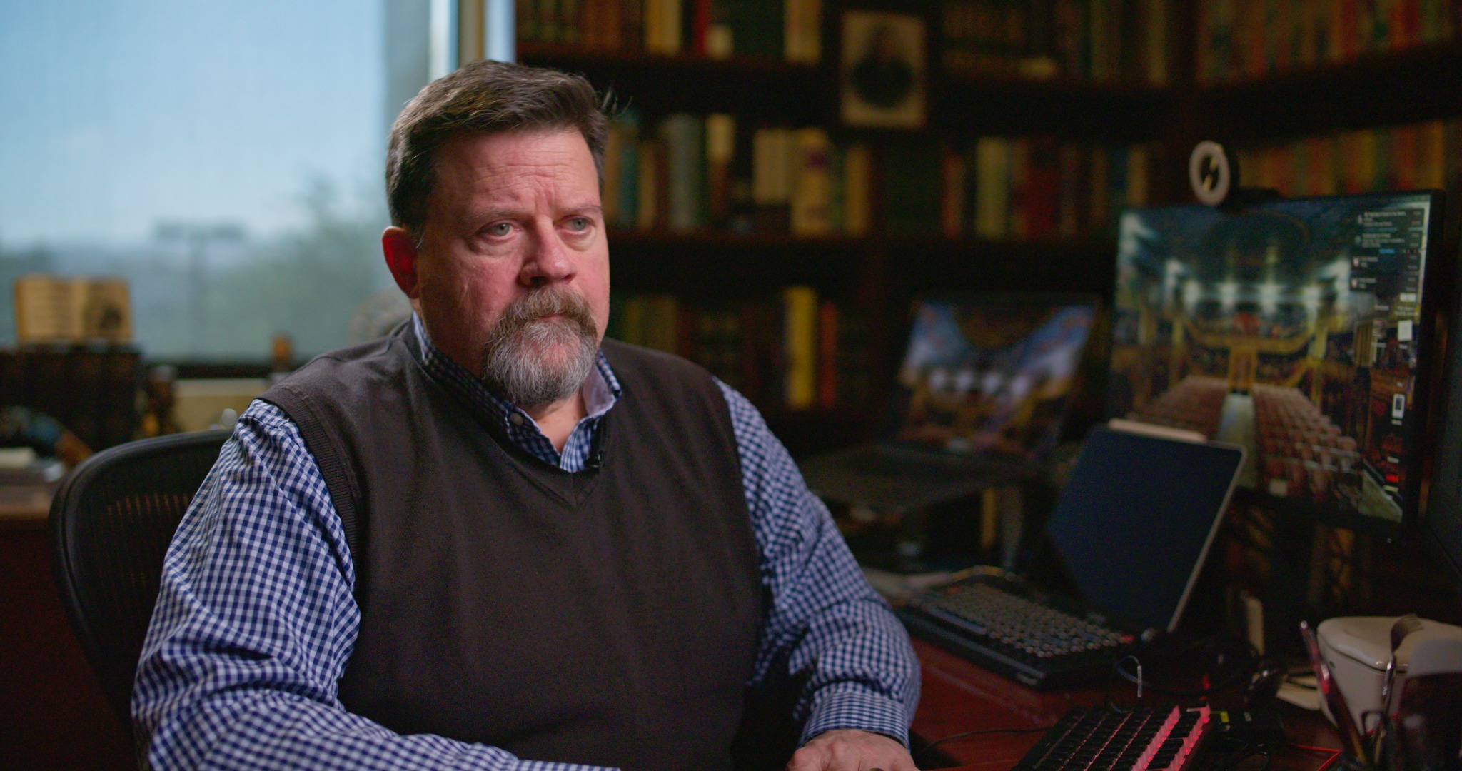 The Phil interview frame showing the intended far-side key lighting approach.