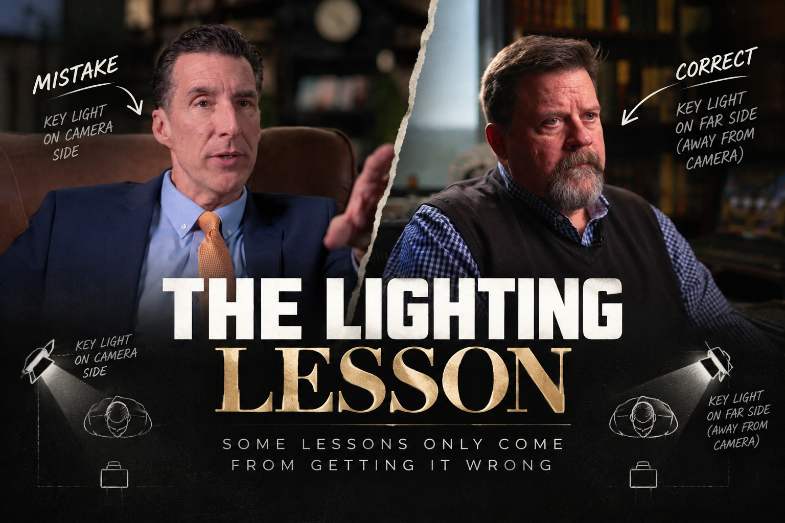 The Lighting Lesson: a side-by-side comparison of the camera-side key mistake and the intended far-side key approach.
